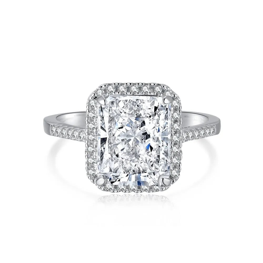 Radiant Forever One Moissanite Halo Engagement Ring in Pure Sterling Silver